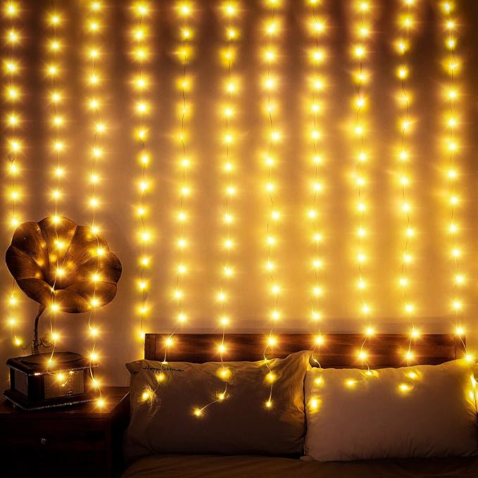 Curtain Window String Lights 6.5 x 5 Feet LED Copper Tapestry Backdrop Twinkle Fairy Lights Battery Operated 8 Modes Lights Remote Control USB Powered Light Above Bed for Wedding Party