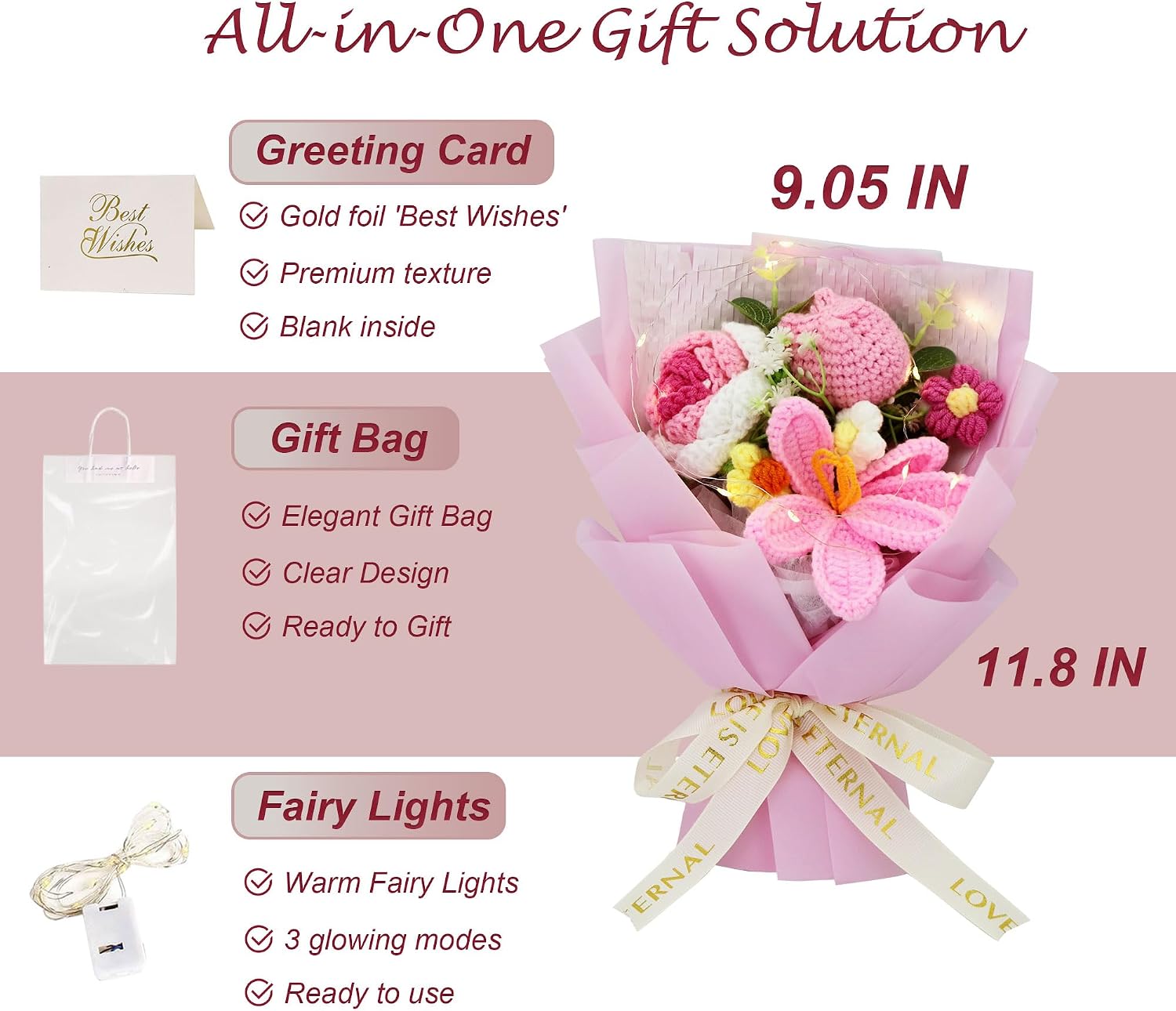 Crochet Tulip Flower Bouquet, Handmade Milk Cotton Tulips for Mother's Day, Includes Gift Bag & Greeting Card, Eternal Hand-Woven Flowers for Anniversary, Graduation Decor, Pink