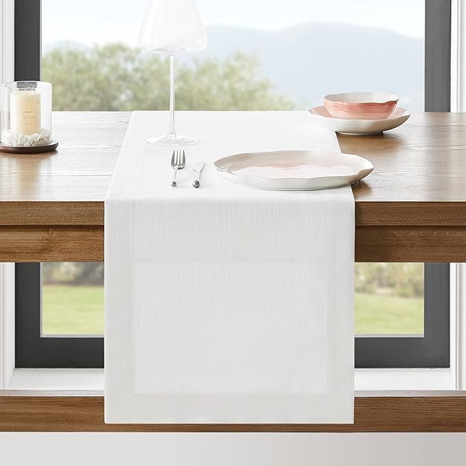 ZeeMart Linen Textured Border Table Runner, 14 x 48 Inch White, Farmhouse Style White Table Runners 48 Inches Long, Easy Care Everyday Polyester Table Runner