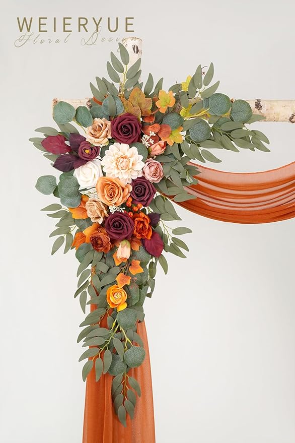 Artificial Wedding Arch Flowers Kit(Pack of 3),2Pcs Artificial Flower Arch Decor,1Pcs Sheer Drape for Wedding Ceremony Arbor for WeddingCeremony (Sunset Orange)