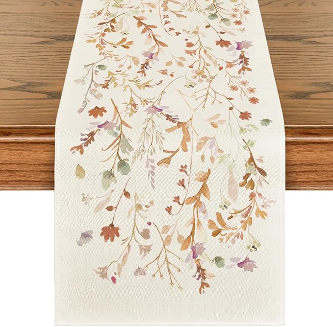 Artoid Mode Floral Leaves Fall Table Runner, Wild Flowers and Grasses Seasonal Autumn Kitchen Dining Table Decoration for Home Party Decor 13x48 Inch