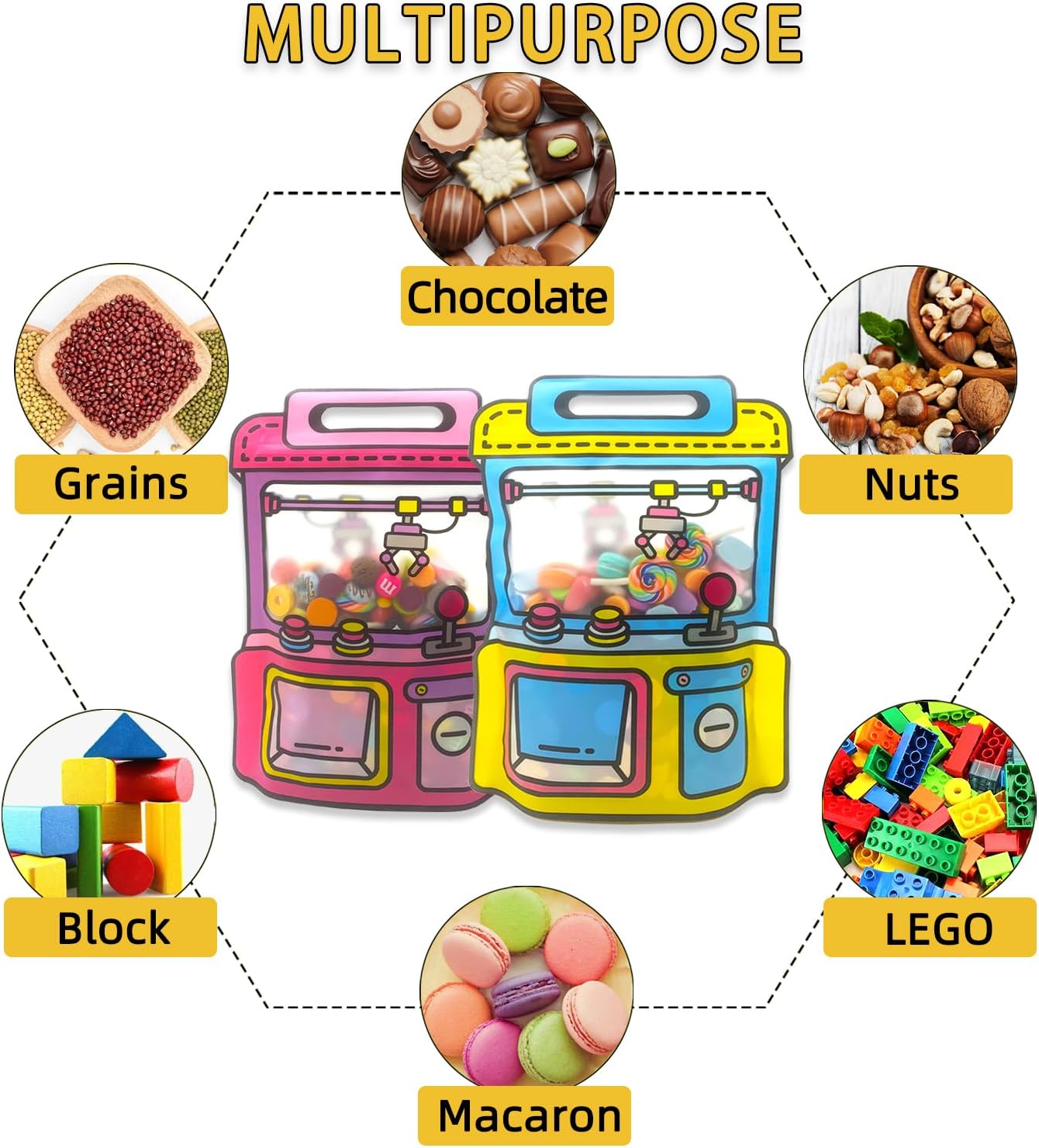 30PCS Cartoon Gift Bags with Handle Claw Machine Shape Goodie Bag Plastic Candy Cookie Storage Packaging For Wedding Birthday Baby Shower Party Supplies Snack Ziplock Seal Party Favor Bags