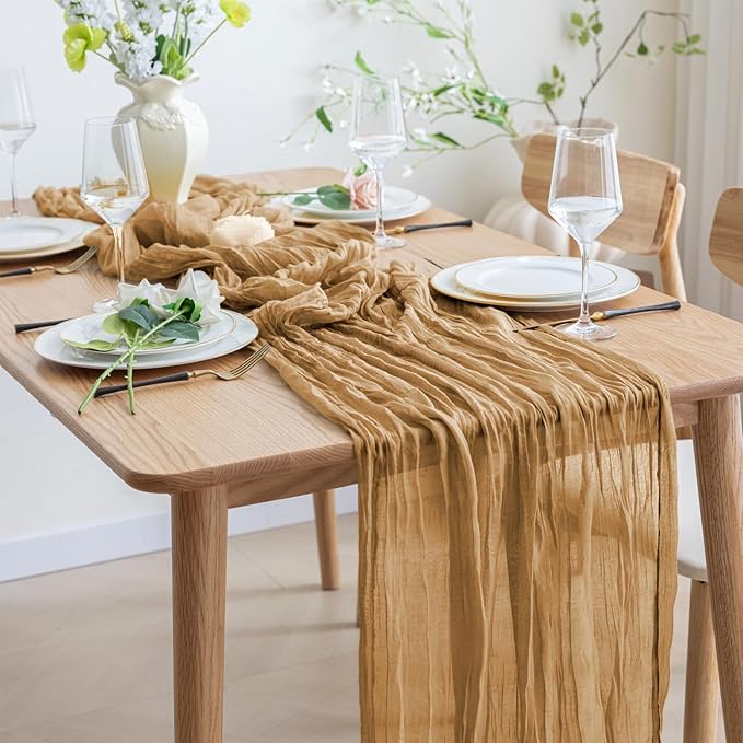 Asee'm Cheesecloth Table Runner 120 Inches Long Khaki Boho Gauze Cheese Cloth Runner 10FT Rustic Sheer Fall Table Runners for Thanksgiving Christmas Wedding Party Baby Shower Decoration