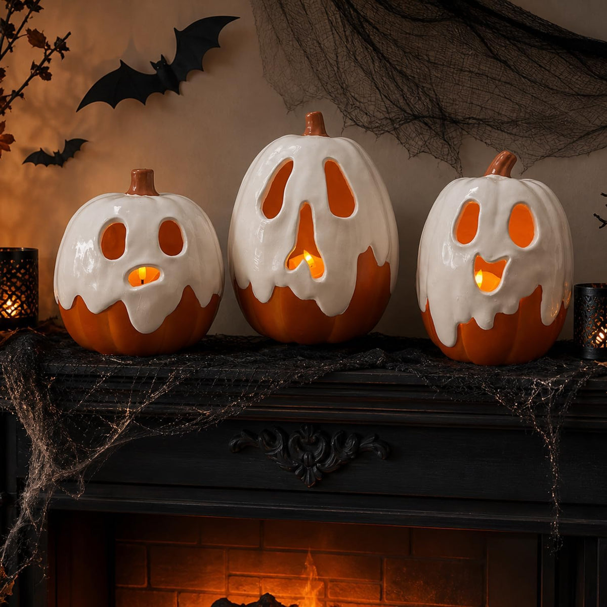 Halloween Decorations - 9.45" H Resin Ghost Pumpkin with Flameless Candl...