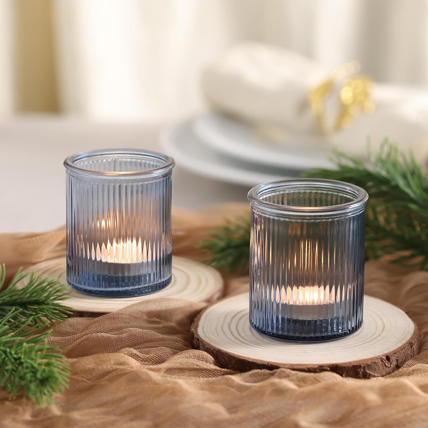 NITIME 32Pcs Ribbed Blue Votive Candle Holders, Tea Light Candle Holders for Table Centerpiece, Blue Candle Holders for Wedding Decor,Home and Holiday Decor