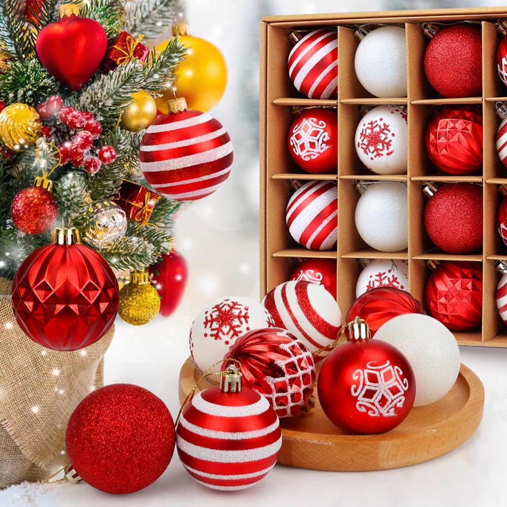 Tenn Well 16Pcs 6CM Christmas Tree Ornaments Decorations Set - Red and White PVC Baubles for Christmas Tree Holidays Home Xmas Party Decoration
