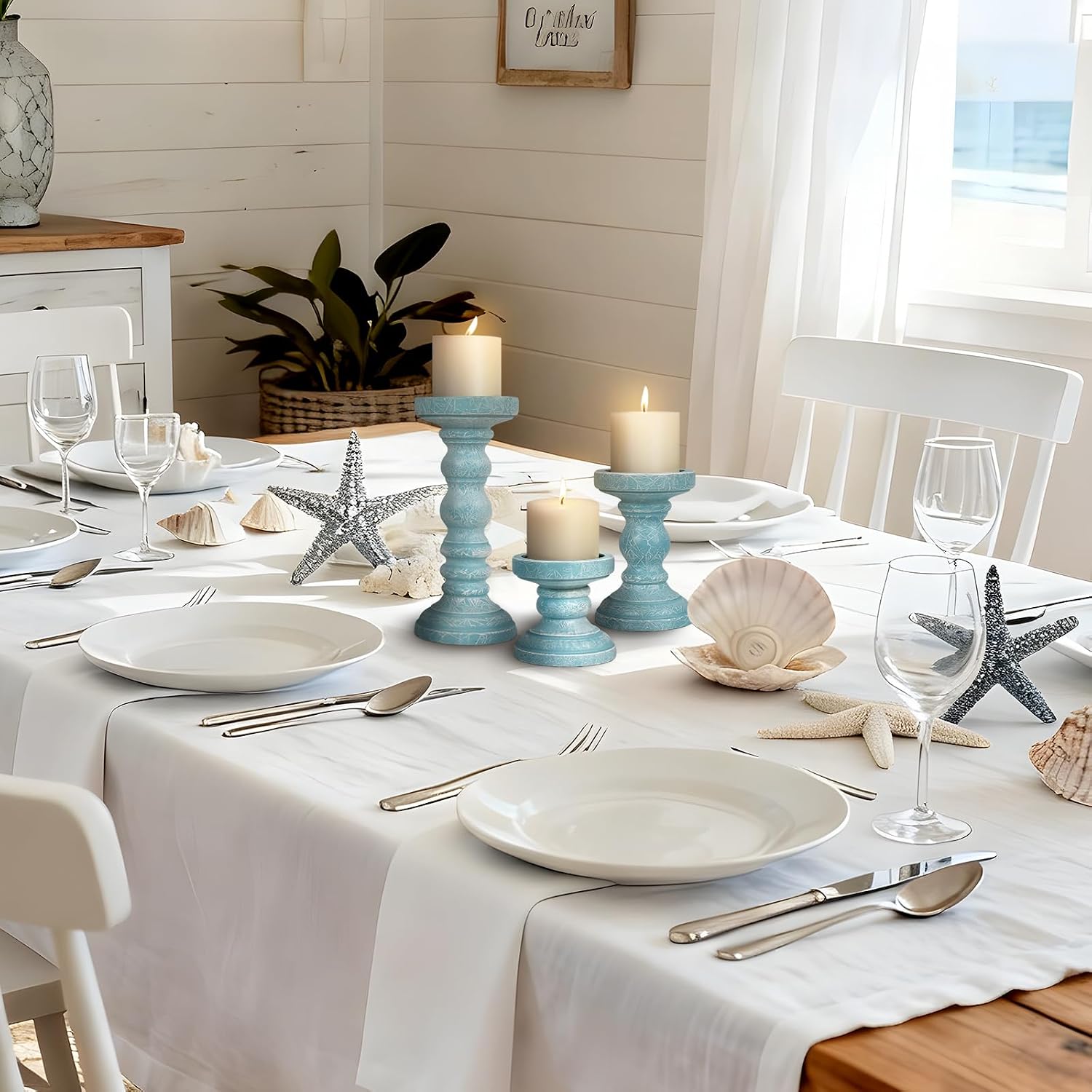 Candle Holder for Pillar Candle Set of 3, Ocean Themed Beach Decor Candle Holders, Coastal Farmhouse Nautical Rustic Decorations for Bathroom, Living Room, Dining Room and Office, Blue