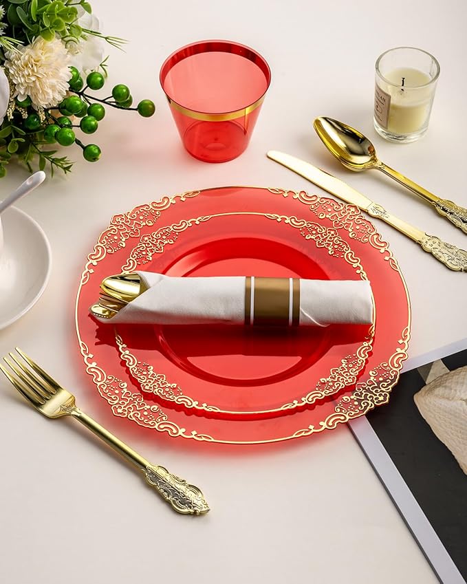 Goodluck 350 Piece Red Dinnerware Set for 50 Guests, Fancy Disposable Plates, Include: 100 Red Rim Plastic Plates, 150 Silverwares, 50 Pre Rolled Napkins, 50 Cups for Party, Wedding