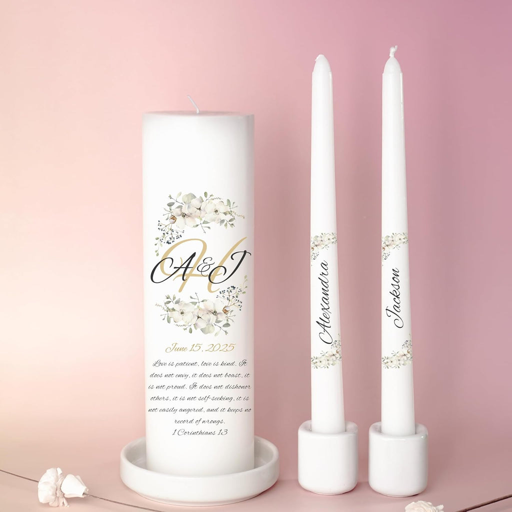 Unity Candles for Wedding, Modern Unity Set, Custom and Personalized Pillar and Taper Candles with Bible Quote, Unscented White Premium Wax, Religious and Wedding Ceremony, Special Events (Camellia)