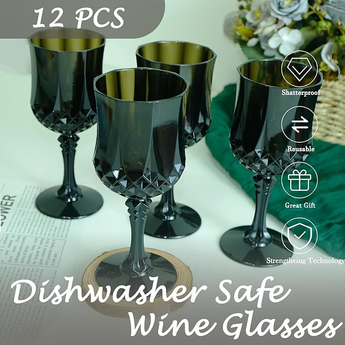Plastic Wine Glasses，Plastic Goblets Vintage Style Cordial Drinking Glasses for Wedding Reception, Halloween Grand Event Party Supplies (12, Black)