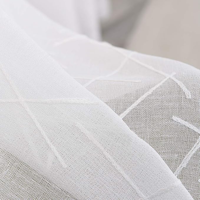 White Sheer Curtains 45 Inch Length, Modern Geometric Embroidery Sheer Rod Pocket Voile Drapes for Living room, Bedroom, Window Treatments Semi Curtain Panels for Villa, Set of 2, 52"x 45".