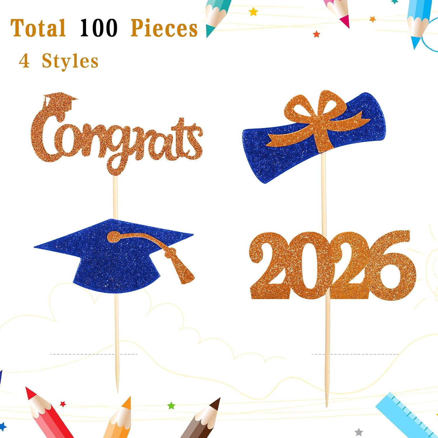 Chinco 100 Pack 2026 Graduation Decoration 2026 Graduations Cupcake Toppers Glitter Congrats Grad Cap Cake Caps Party Decorations Diploma Cupcake Picks for Graduation Party Decor(Blue and Orange)