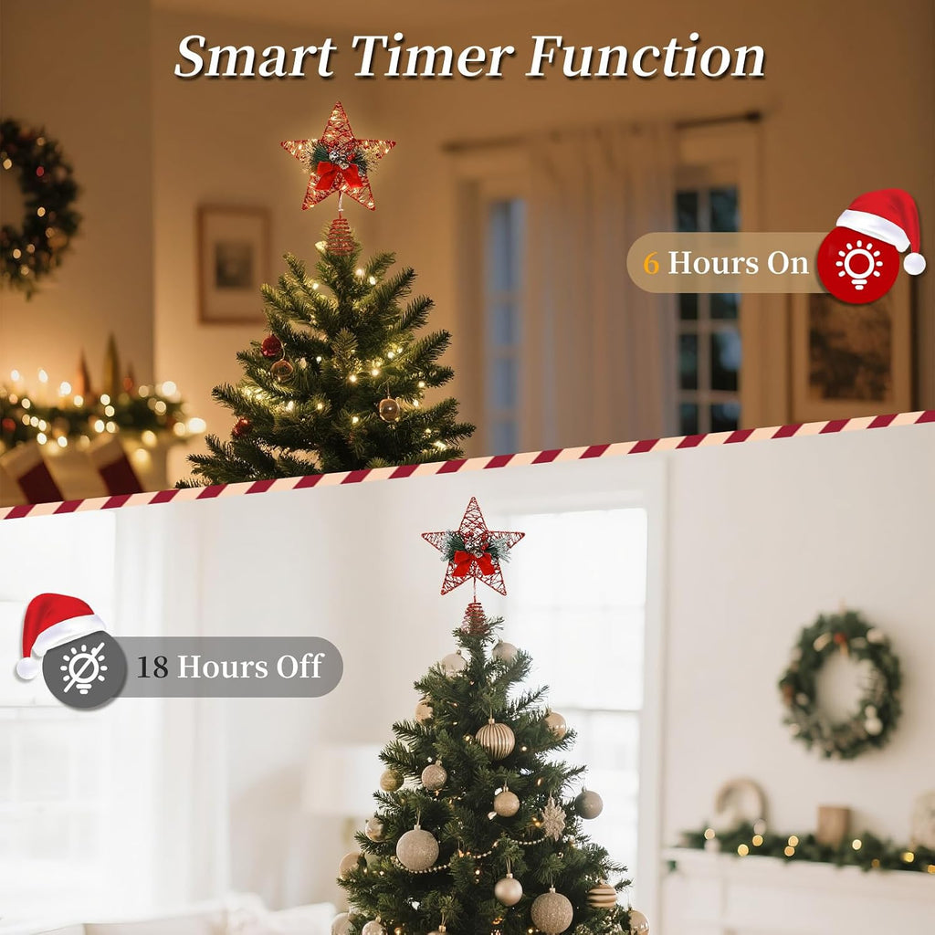 Lewondr Christmas Tree Topper, 8'' Small Metal Christmas Star Tree Topper with Pine Leaves and Bow, 30 LED Bulbs, 6H Timer, 8 Light Modes, USB & Remote Control Star Treetop for Home Xmas Decor, Red