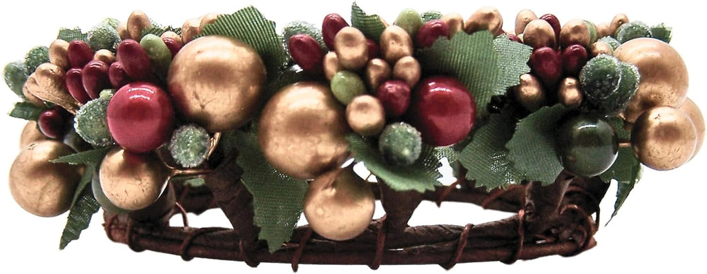 Beaded Berry Wreath Pillar Candle Holder, Holiday Table Decor, Christmas Decoration, 6.5 Inches