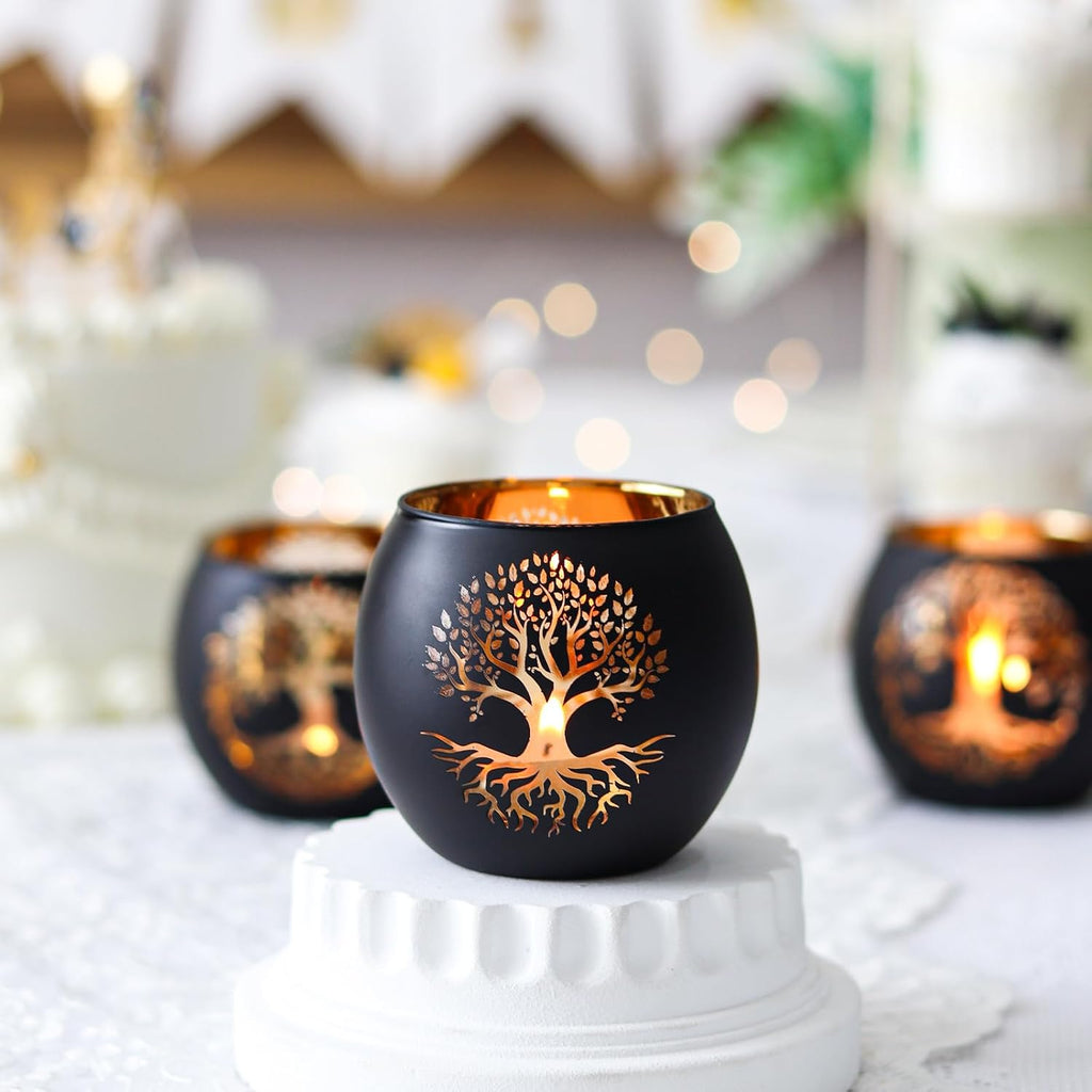 SHMILMH Black Gold Votive Candle Holders 6 PCS Tree of Life Glass Tealight Candle Holders Wedding Decorations for Reception, Birthday Party, Baby Shower, Bridal Shower Table Centerpiece Decor
