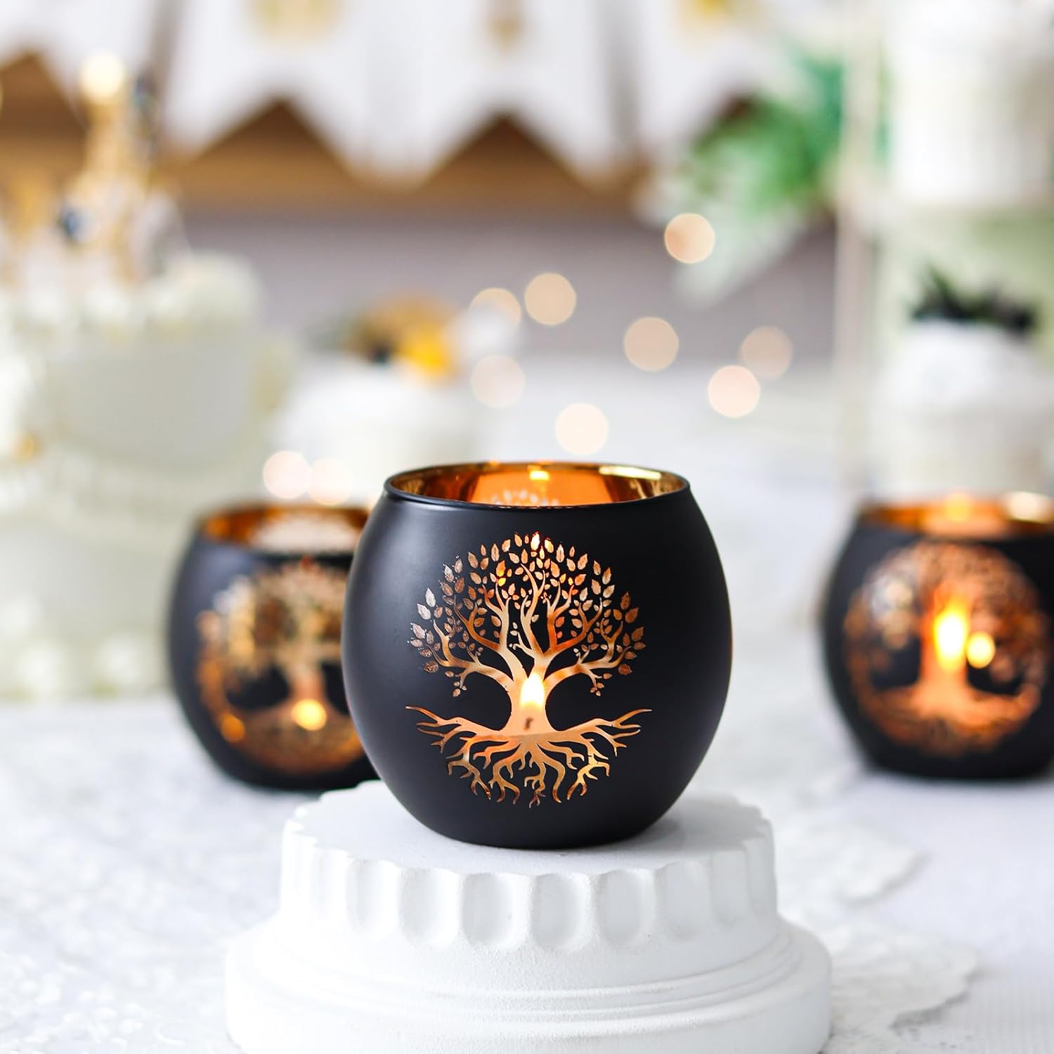 SHMILMH Black Gold Votive Candle Holders 6 PCS Tree of Life Glass Tealight Candle Holders Wedding Decorations for Reception, Birthday Party, Baby Shower, Bridal Shower Table Centerpiece Decor