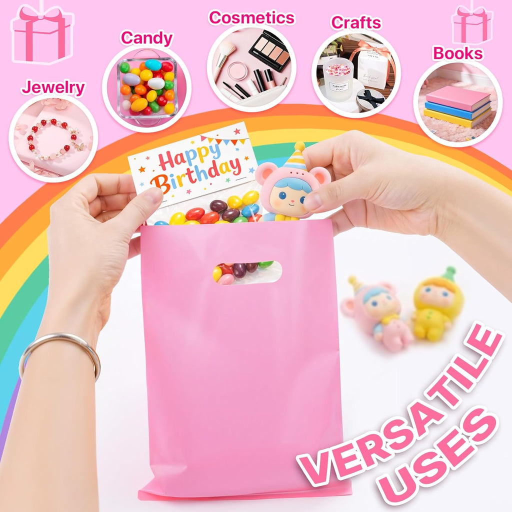 ANZNKU 50 PCS Multicolor Party Favor Gift Bags 8"x11", Goodie Bag Bulk for Candy Jewelry Treat Snack Craft, Small Reusable Plastic Party Bags with Handles for Kids Birthday, School & Festive Events
