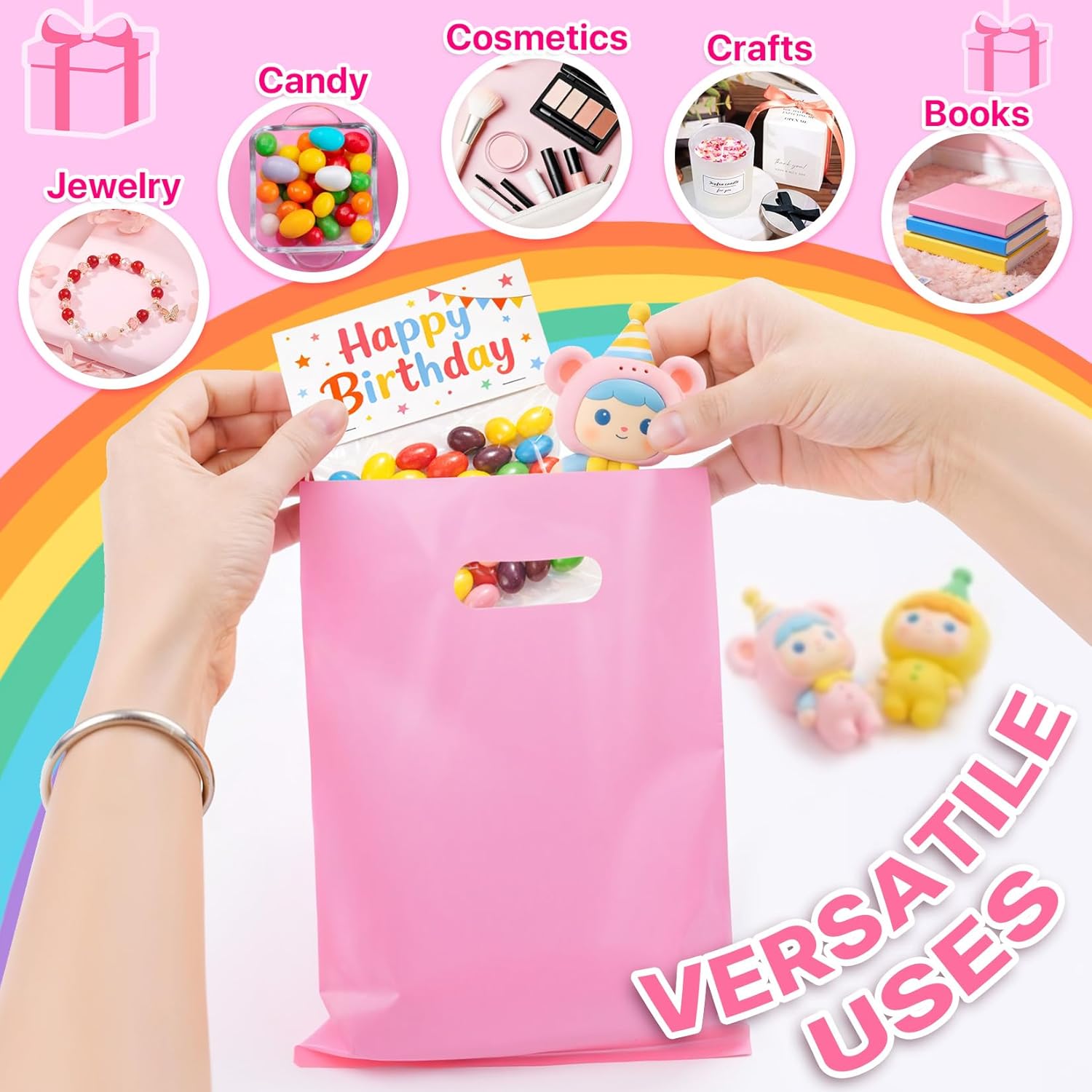 ANZNKU 50 PCS Multicolor Party Favor Gift Bags 8"x11", Goodie Bag Bulk for Candy Jewelry Treat Snack Craft, Small Reusable Plastic Party Bags with Handles for Kids Birthday, School & Festive Events