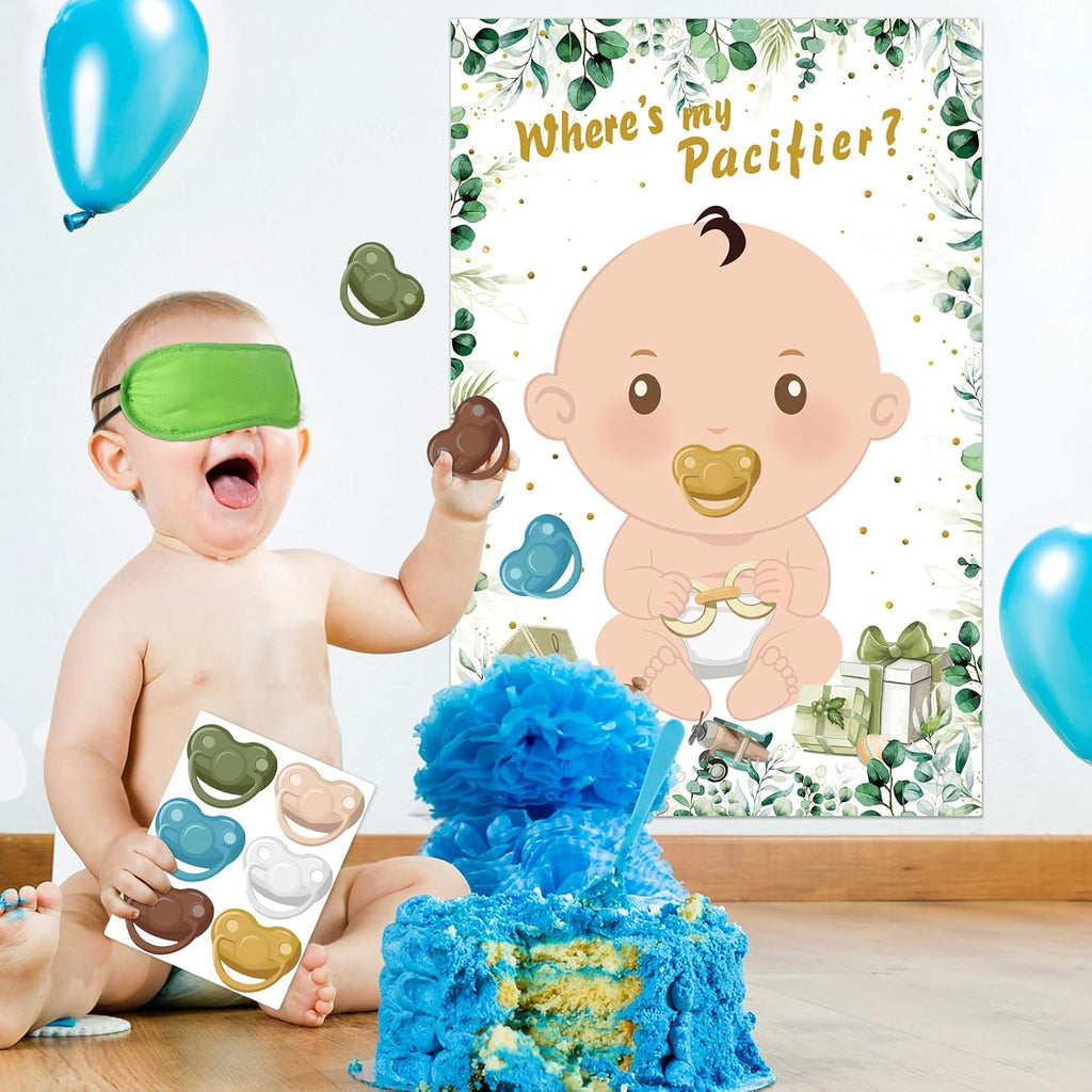 Hxezoc Baby Shower Games Pin The Pacifier On The Baby Game with 36 Pacifier Stickers, Large Green Baby Poster Games for Baby Shower Party Kids Birthday Party Supplies