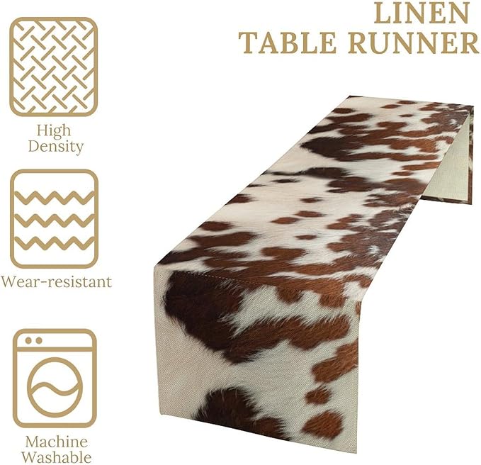 Farmhouse Cow Skin Print Table Runner, Safari Wildlife Brown Country Farm Cowhide Pattern Cotton Linen Rustic Cottage Table Runner for Dinning Home Party Holidays Home Setting, 13x90 Inch