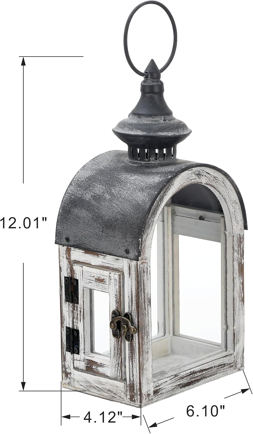 12" High Wooden Dome Lantern Made of Solid Fir Wood and Real Glass in Whitewash Finish with Grey Metal Top, Hurricane Lantern, Farmhouse Lantern (Whitewash, 6"x4.4")