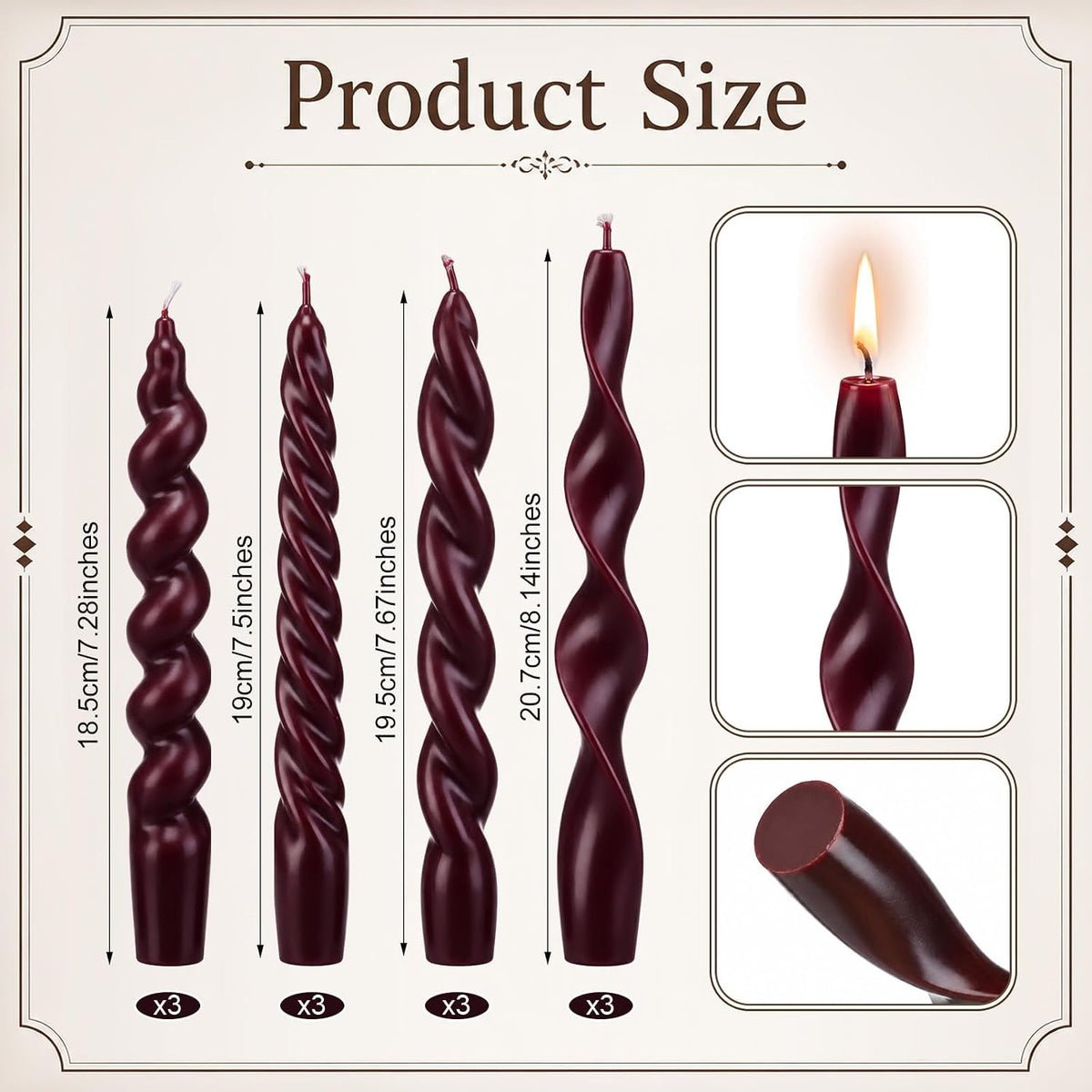 Nuanchu 12 Pcs Burgundy Spiral Taper Candles 7.5" Red Twisted Candlesticks