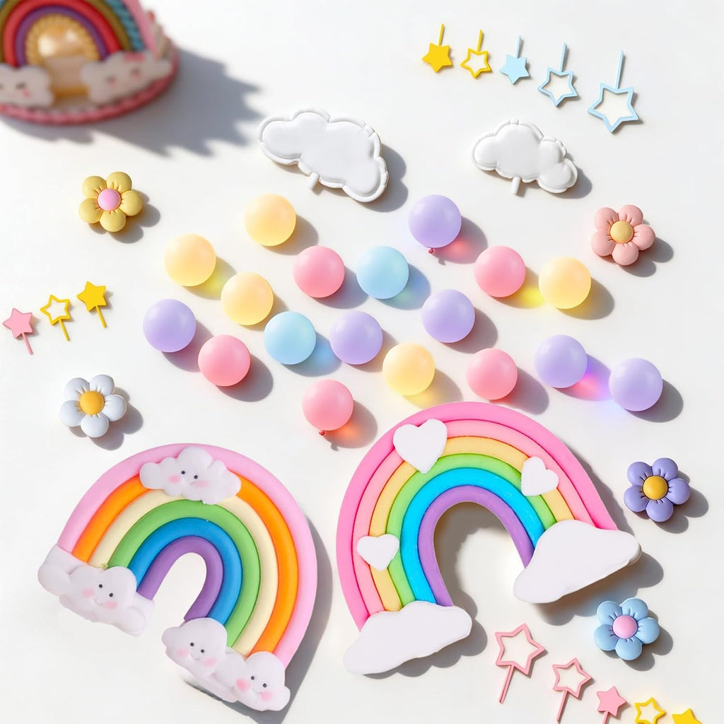 39 Pcs Rainbow Cake Topper, Rainbow Party Decorations with Pastel Ball Toppers and Daisy Flowers for Boho Birthday, Baby Shower Cake Decorations