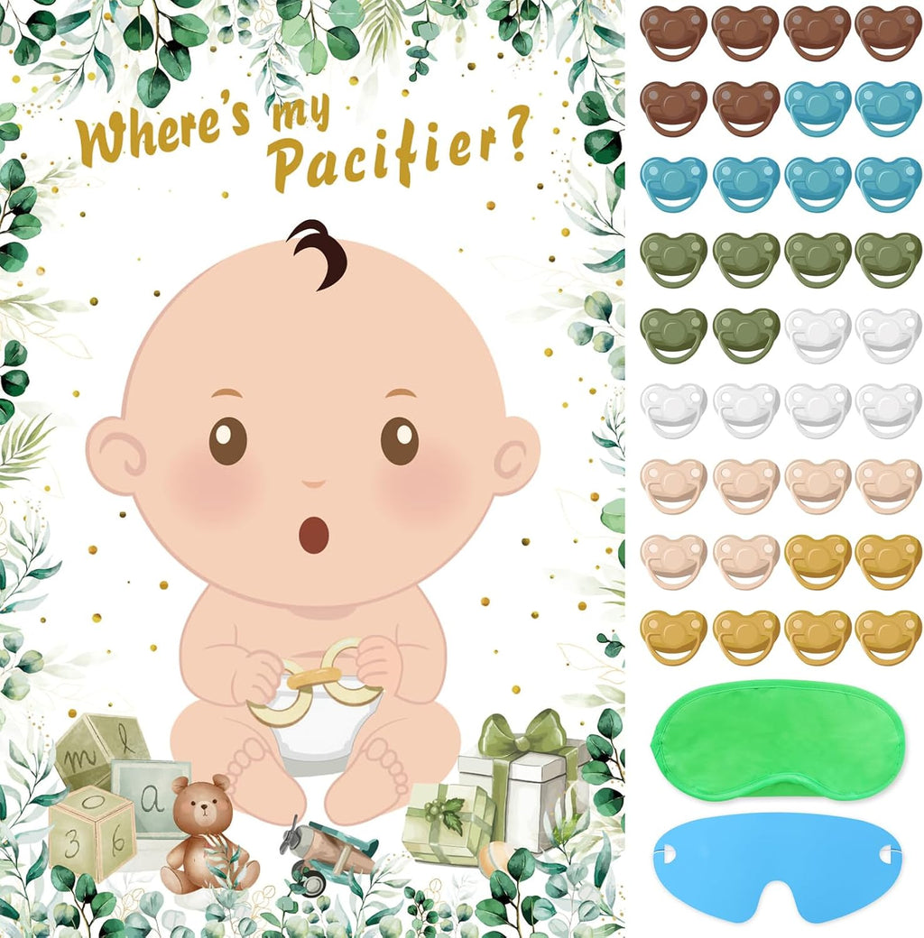 Hxezoc Baby Shower Games Pin The Pacifier On The Baby Game with 36 Pacifier Stickers, Large Green Baby Poster Games for Baby Shower Party Kids Birthday Party Supplies