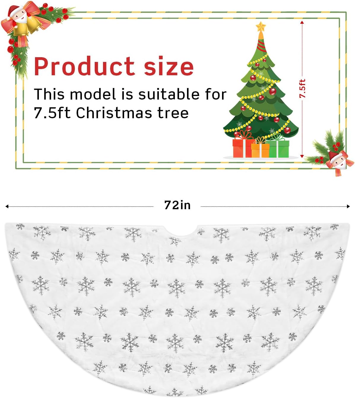 COOLWUFAN 72 Inches Faux Fur Christmas Tree Skirt for Xmas Tree Holiday Party Decorations White Plush Silver Sequin Snowflake (Silver)