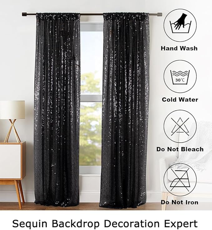 ShinyBeauty Black Sequin Curtains 2FTx8FT 4 Panels | Sparkly Photo Backdrop for Birthday, Halloween, Events | Elegant Glitter Background for Photography