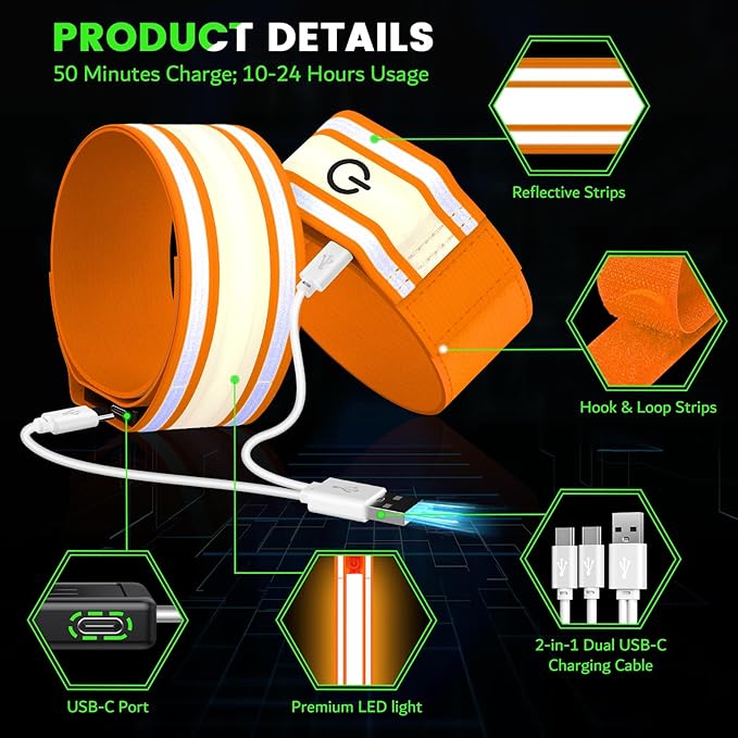 LED Armband for Running(2 Pack),Light Up Arm Bands for Night Walking Running,Rechargeable Lights for Runners,High Visibility Reflective Running Gear Adjustable Light Up Wristbands