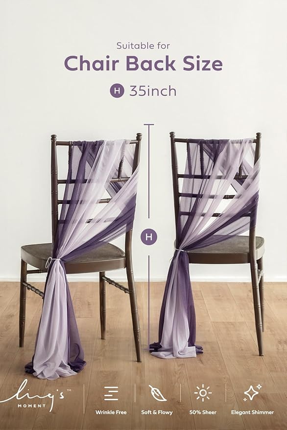 Ling's moment Wedding Chair Sashes Cover Aisle Decorations Draping Fabric Wrinkle-Free with Tie 16pcs Purple Pale Lavender for Party Ceremony Reception Floral Arrangement Banquet Outdoor Decor