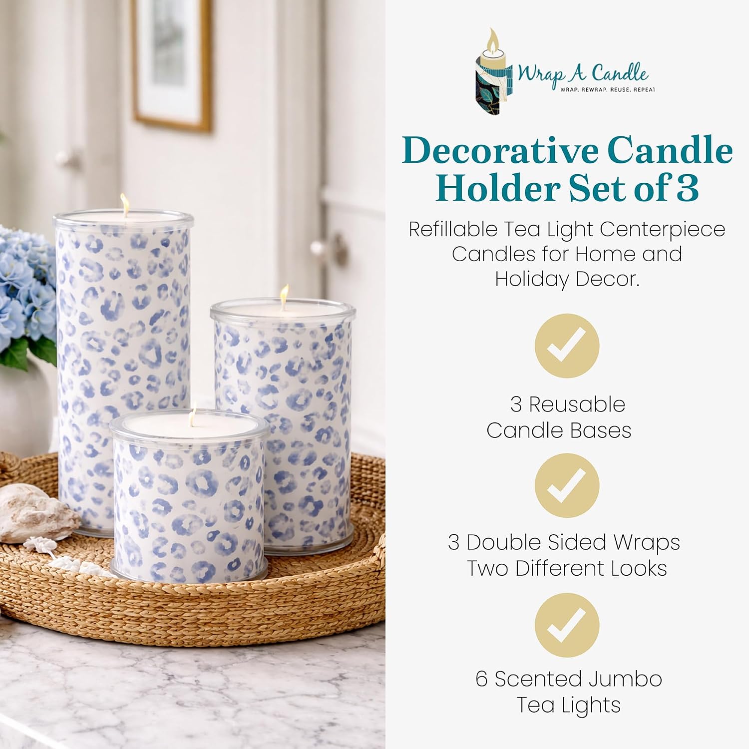 Decorative Candle Holder Set of 3, Table Centerpiece Candle Decor for Home Decor Candles, Reusable Pillar Candle Alternative with Interchangeable Wraps, Tea Light Holder Giftable Holiday Accent