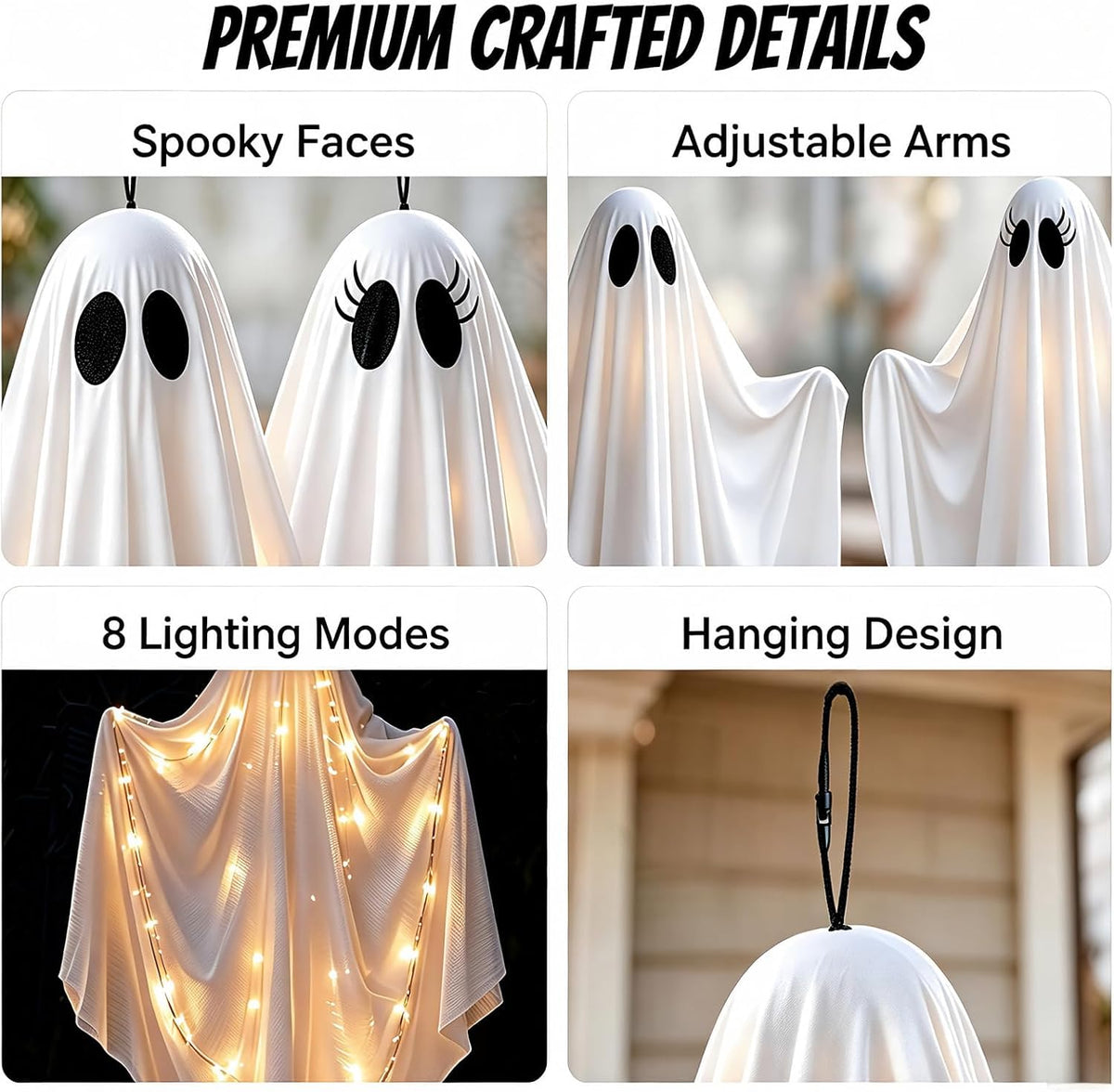 47.25" light up hanging ghost halloween decorations outdoor, close-up detail