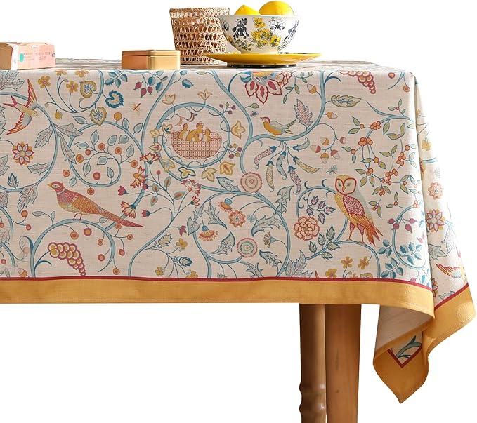 patdrea Designer Vintage Long Rectangular Tablecloth,French Floral Birds Pattern Linen Table Cloth,Yellow Decorative Cover for Kitchen Dining Banquet,Christmas,Thanksgiving,63"x102"-Magnolia
