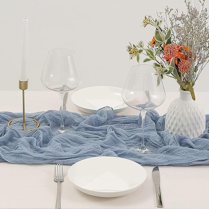12Pcs Gray-Blue Cheesecloth Table Runner 120 Inch10FT Gray-Blue Rustic Boho Cheesecloth Table Runner Cheese Cloths for Wedding Party Baby Shower Birthday Home Decor Holiday Decorations