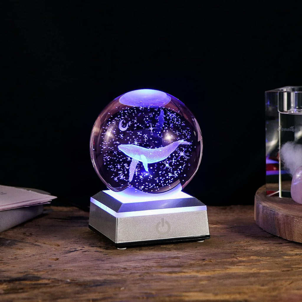 3D Engraved Whale K9 Crystal Ball with Silver LED Base 3.15in. Miniatured Whale Birthday Gifts for Girlfriend Glass Home Decoration (3.15 in.)