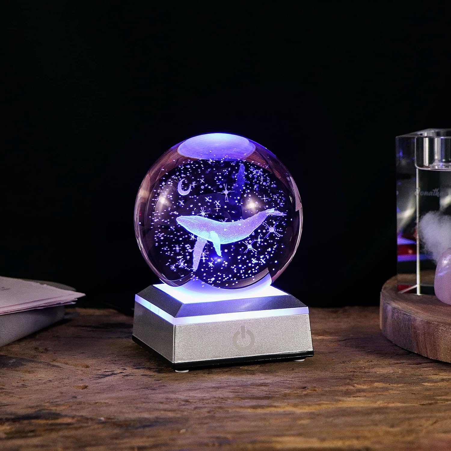 3D Engraved Whale K9 Crystal Ball with Silver LED Base 3.15in. Miniatured Whale Birthday Gifts for Girlfriend Glass Home Decoration (3.15 in.)