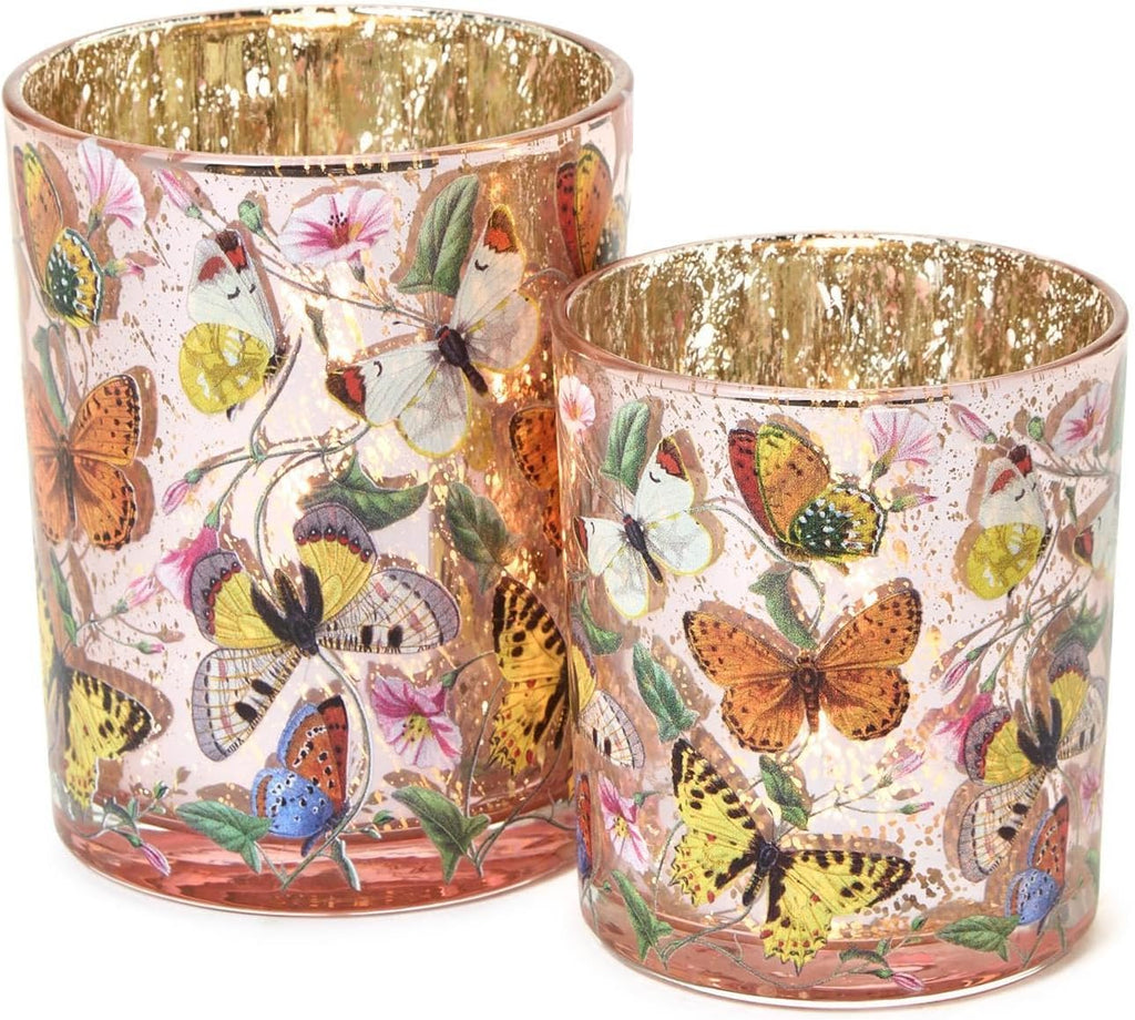 Two's Company Butterfly Silhouette Antiqued Candleholders, 5-Inch, Glass, Multicolor, Set of 2