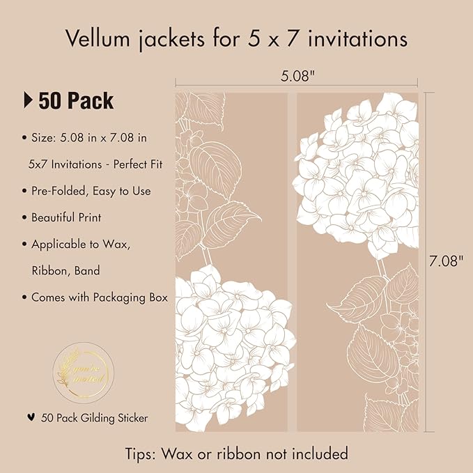 50 Pack Pre-Folded Vellum Jackets for 5x7 Invitations,AZAZA Elegant Translucent Invitation Sleeves,115GSM Vellum Jackets 5x7, Wedding Invitation Accessories, for Weddings Birthdays, Hydrangea Floral