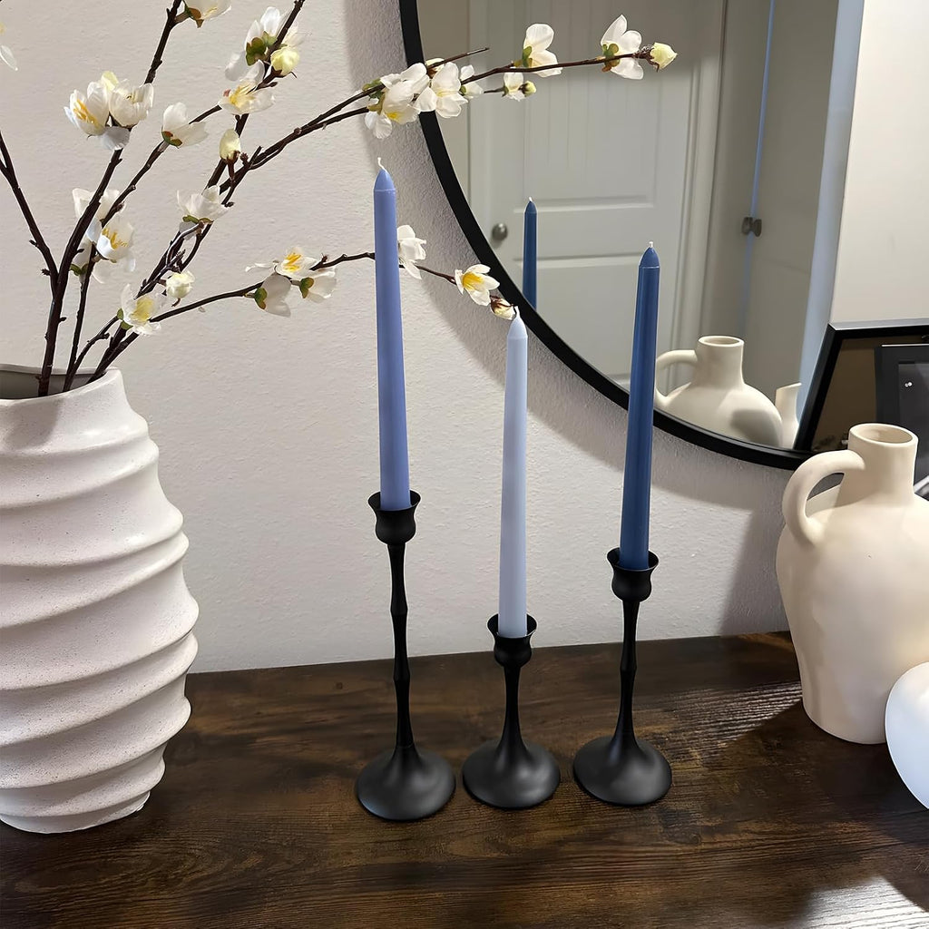 vintage metal candlestick holders, set of 6 black, close-up detail
