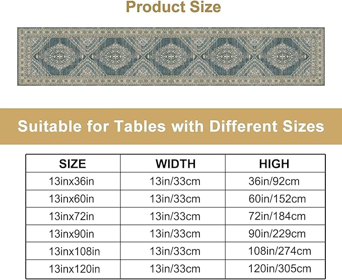 Boho Floral Vintage Table Runner, Blue Teal Retro Flower Rustic Country Farmhouse Pattern for Home Kitchen Table Decor Dining Coffee Room Party Decor 13x36in