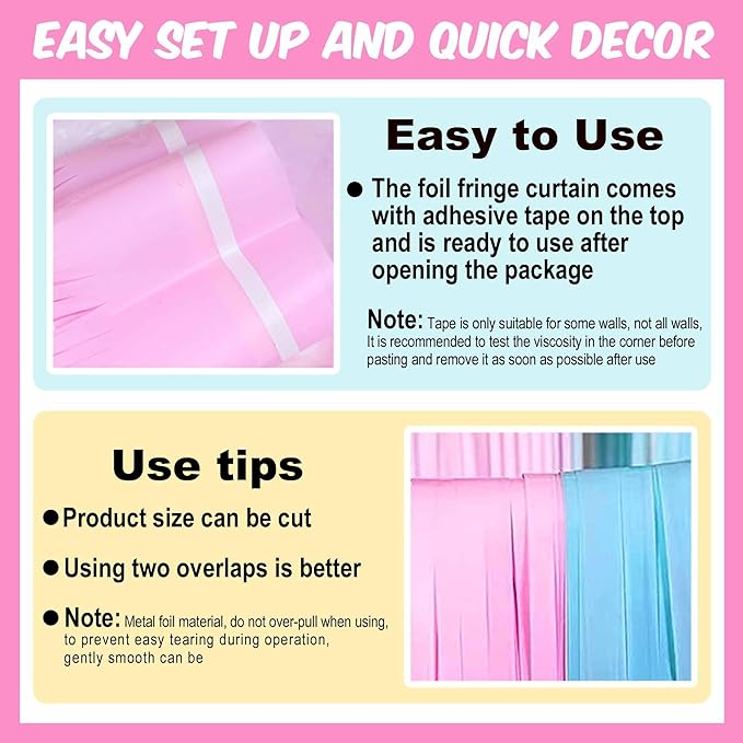 6 Pack Macaron Pink Blue Foil Fringe Curtains Backdrop, 3.28 x 8.2 Ft Metallic Streamers Tinsel Curtains Background for Photo Booth, Birthday, Weddings, Carnivals, Graduation, Themed Party Decorations