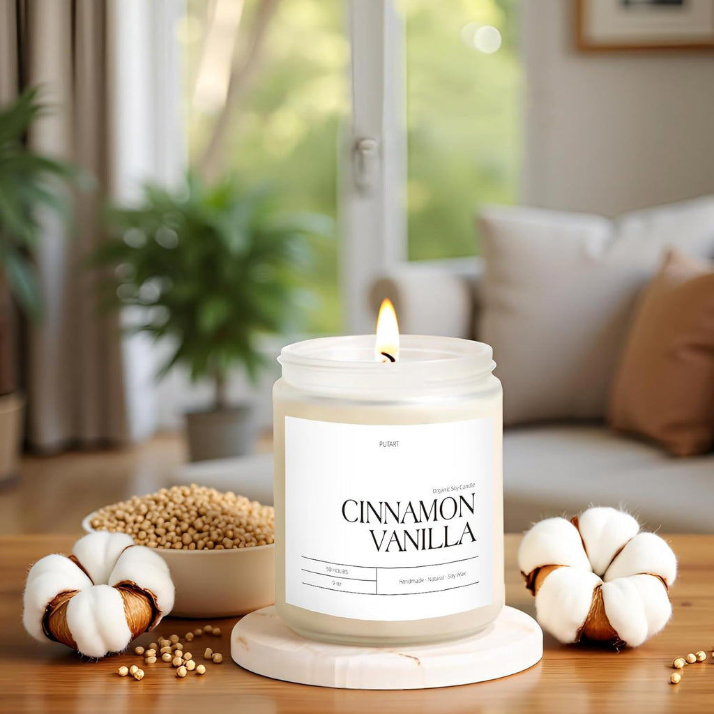 Cinnamon Vanilla Candles for Home Scented, Natural Soy Wax Aromatherapy Non Toxic Heavy Scented Candle with Essential Oil, Home Fragrance Stress Relief Jar Candles Gifts for Women & Men 9oz