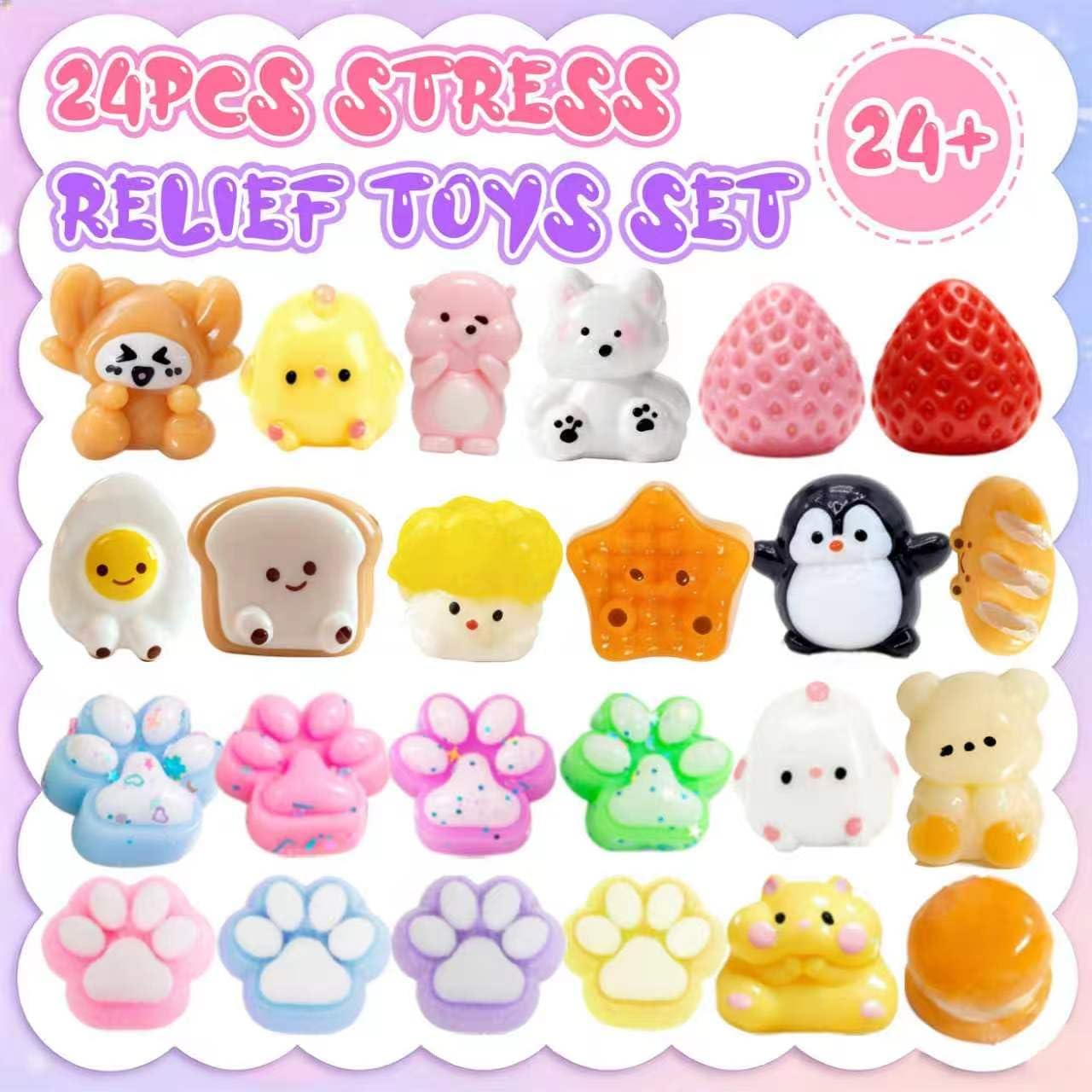 ZiZa 24Pcs Squishy Fun Box Toys Kit Set- Mini Taba Cheap Squishies Fidget Squeezee Toys Pack, Includ Animals, Strawberry, Cat Paw, Penguin, Hamster, Birthday Xmas Gift for Girls Kids