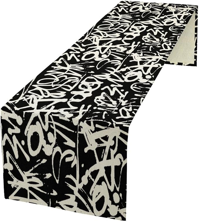 Graffiti Table Runner,Black White Abstract Messy Art Theme Pattern Print Tablecloth Burlap for Hotel Indoors Outdoor Dining Room Kitchen Home Decor,W13X L108 in