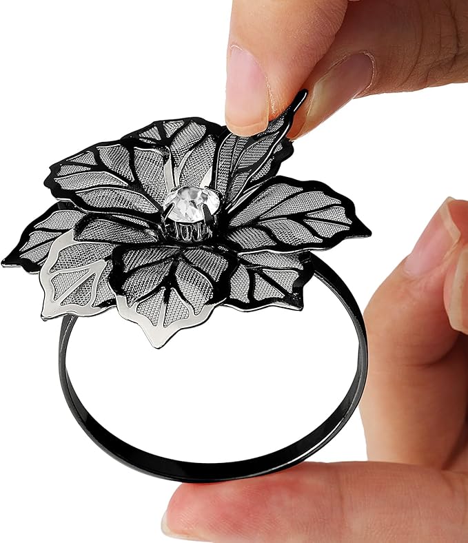 KPOSIYA Flower Napkin Rings Holder Metal Black Napkin Rings Set of 12 for Wedding Party Holiday Banquet Christmas Dinner Delicate Serviette Buckles Decor Favor (12, Black)