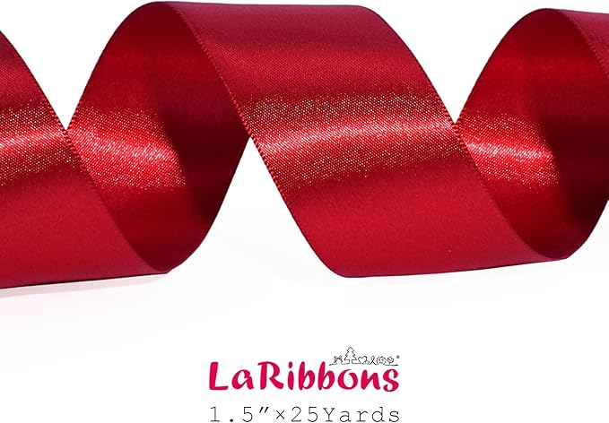 LaRibbons Bright Red Satin Ribbon 1 1/2 Inch 25 Yards Luxury Double Faced Red Ribbon for Gift Wrapping Flower Bouquet Crafts Wedding Party Christmas Decoration