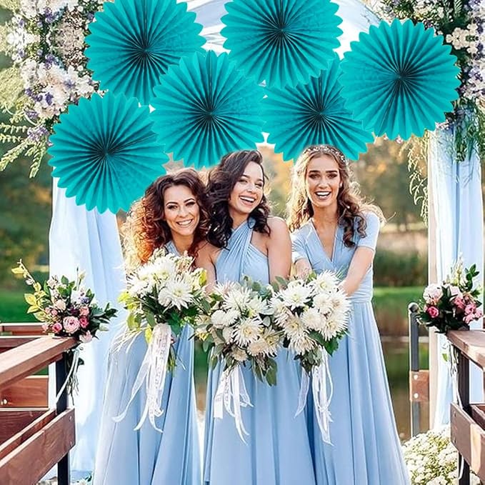Easy Joy Teal Party Decorations Paper Fans Birthday Wedding Home Party Hanging Decoration, Set of 6 (14 Inches, Teal)