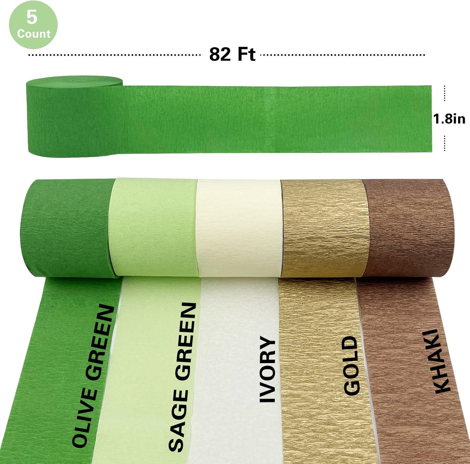 AOYOO 5 Rolls Crepe Paper Streamers - Sage Olive Green, Gold & Ivory Party Decorations for Wedding, Bridal Shower, Engagement, Boho Eucalyptus Birthday Backdrop St. Patrick's Day (Not Fabric Ribbon)